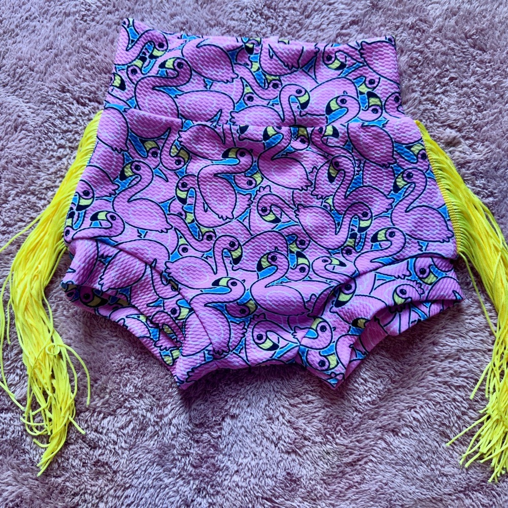 Flamingo Print Kids Shorts with Fringe
